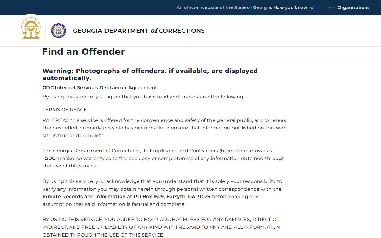 Georgia DOC form for a Cartersville people search